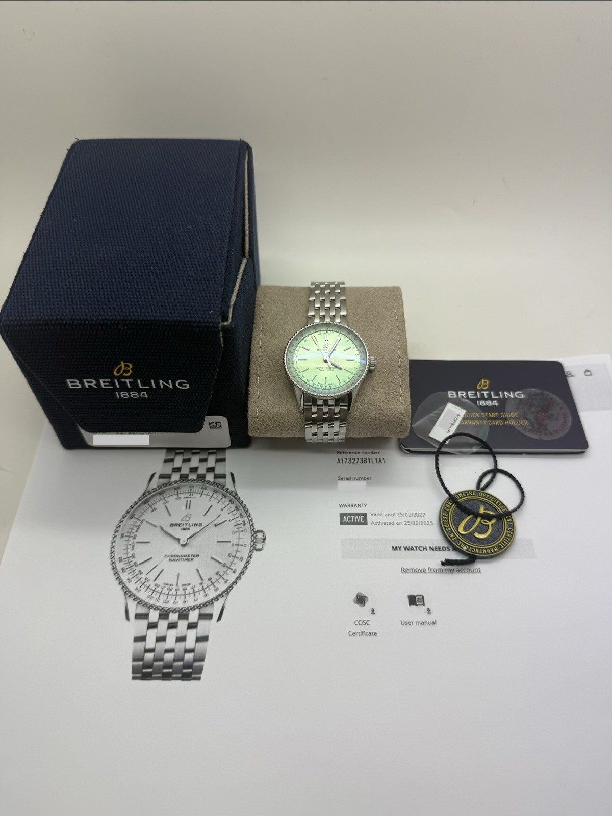 2025 Breitling Navitimer 36mm Light Green Dial Steel Auto Watch A17327 w/ Box