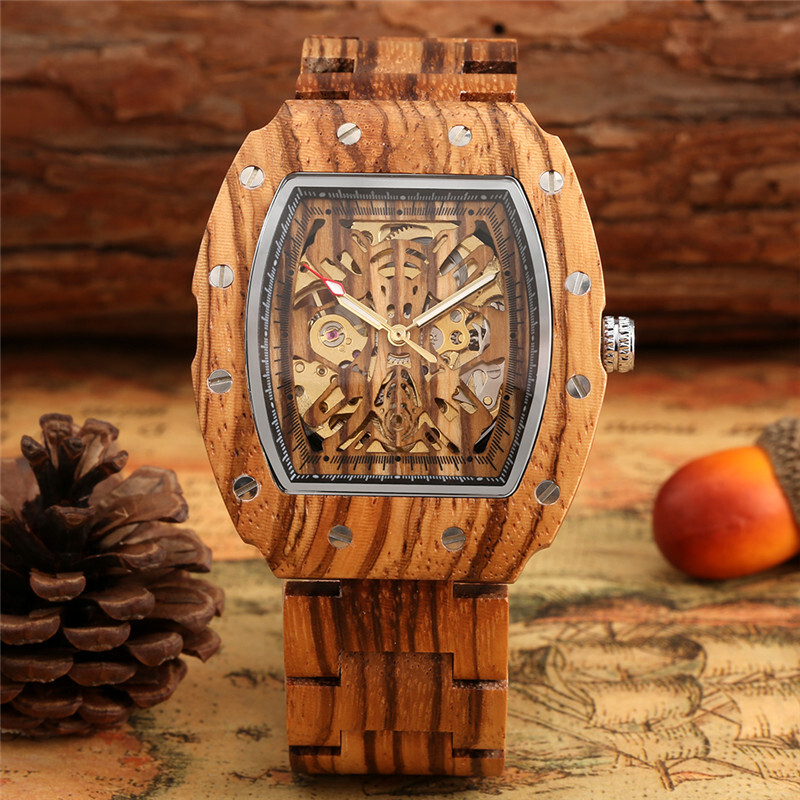 Handmade Men Watch Skeleton Automatic Mechanical Wooden Wristwatch Wood Bracelet