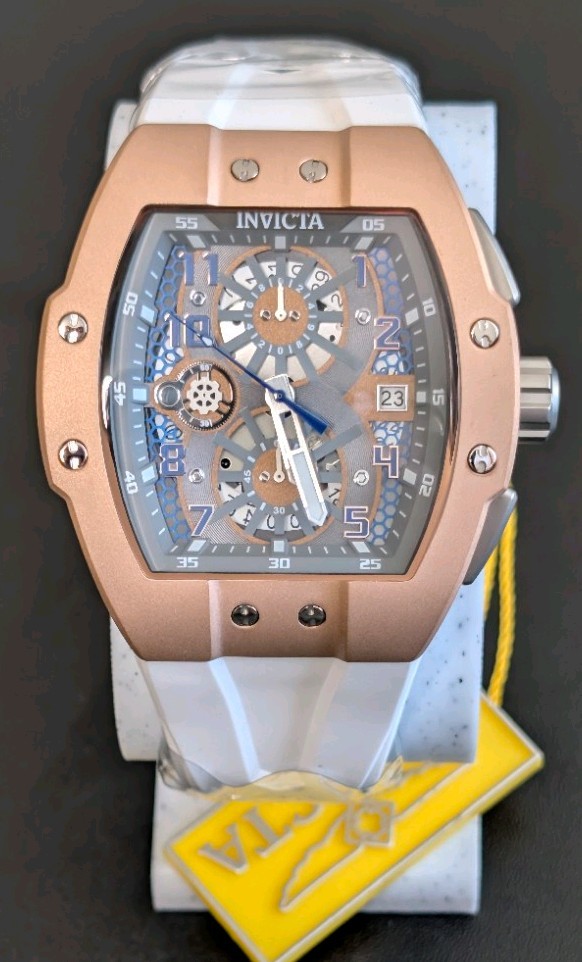 Invicta Racing Men’s Watch (Model 48028) Grey Dial Gold Case & White Strap 47mm