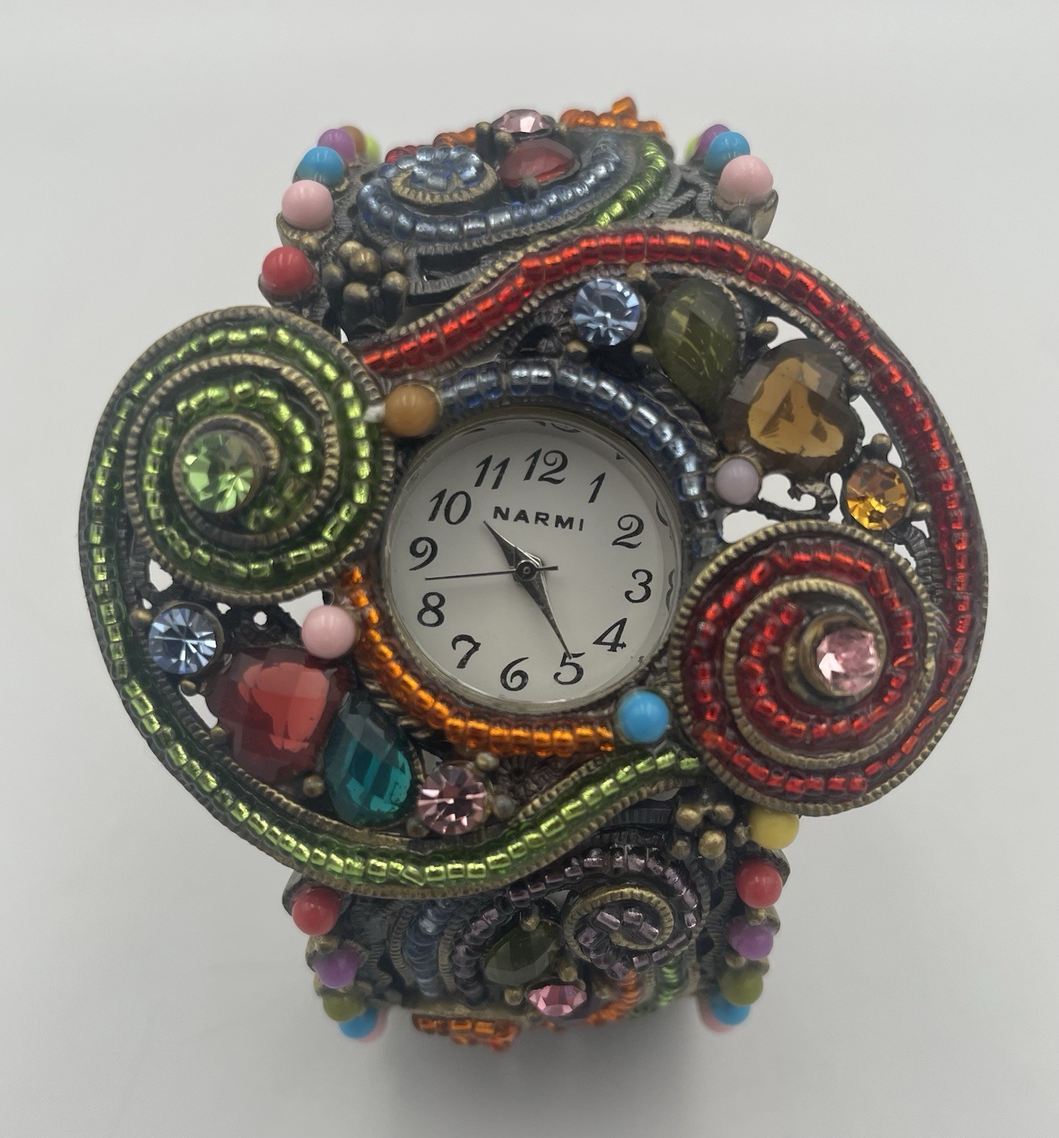 Narmi Quartz Beaded Hinge Bracelet Watch Brass Tone Multicolor Jewel New Battery