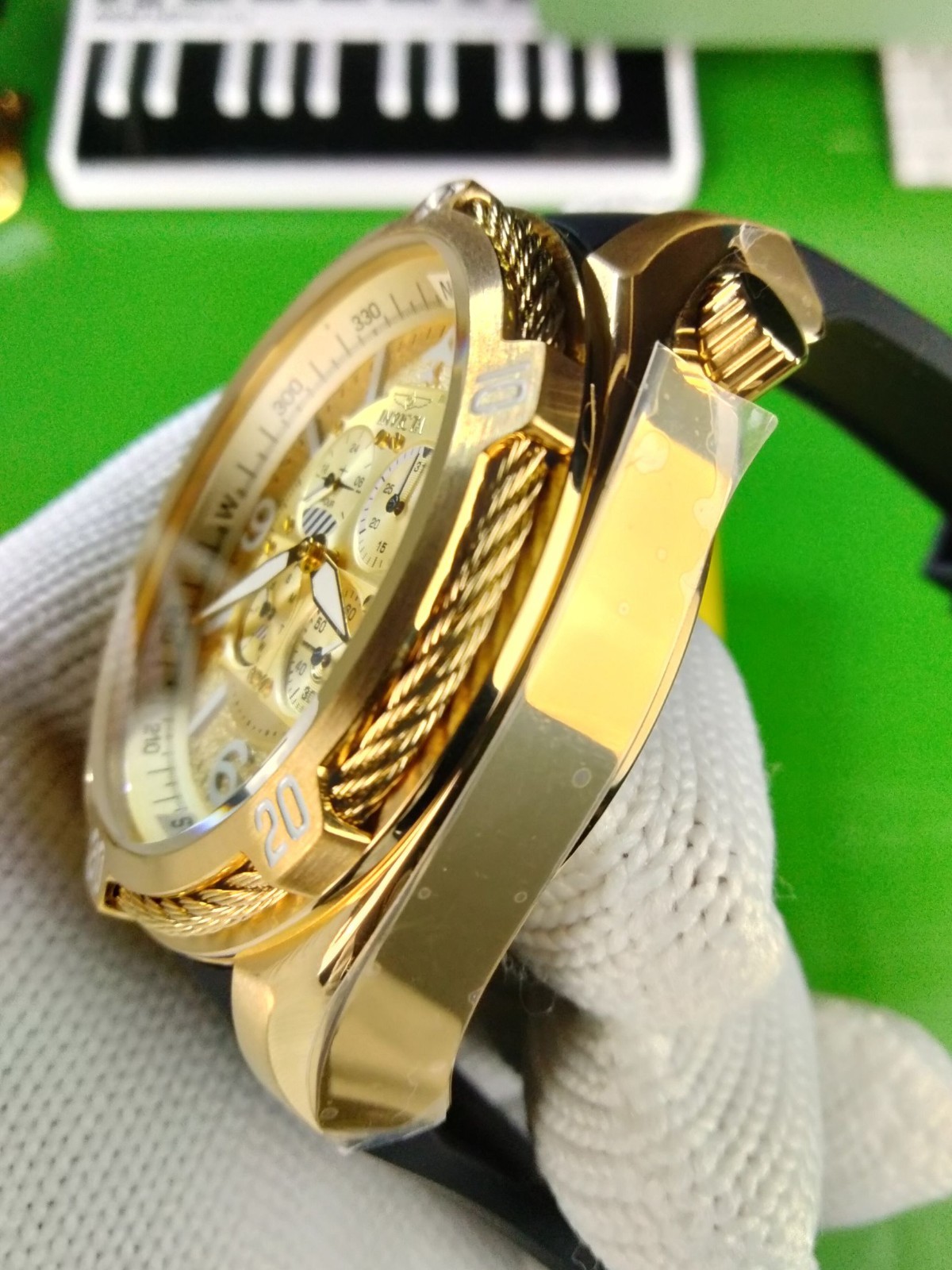 Invicta Men Aviator Gold Tone SS Quartz Watch 30486 Trinite Nite Glow Blk Strap