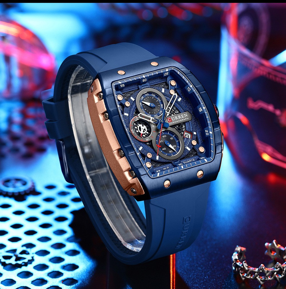 CURREN Men Sport Watch Rectangular Large Dial Hollow Skeleton Leather Waterproof