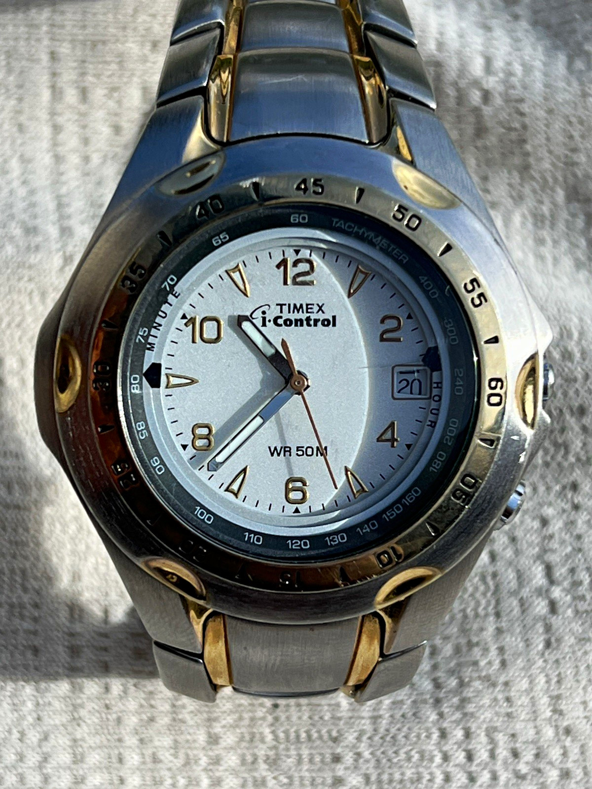 Timex i-Control Quartz Analog Chronograph Alarm Date Silver Dial Two-Tone 50m