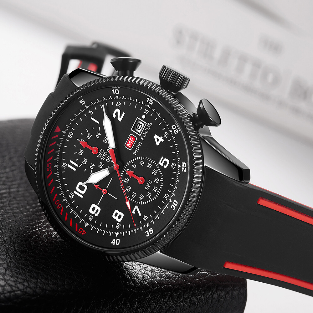 MINI FOCUS Men Quartz Watch Chronograph Wristwatch Luminous Silicone Males Watch