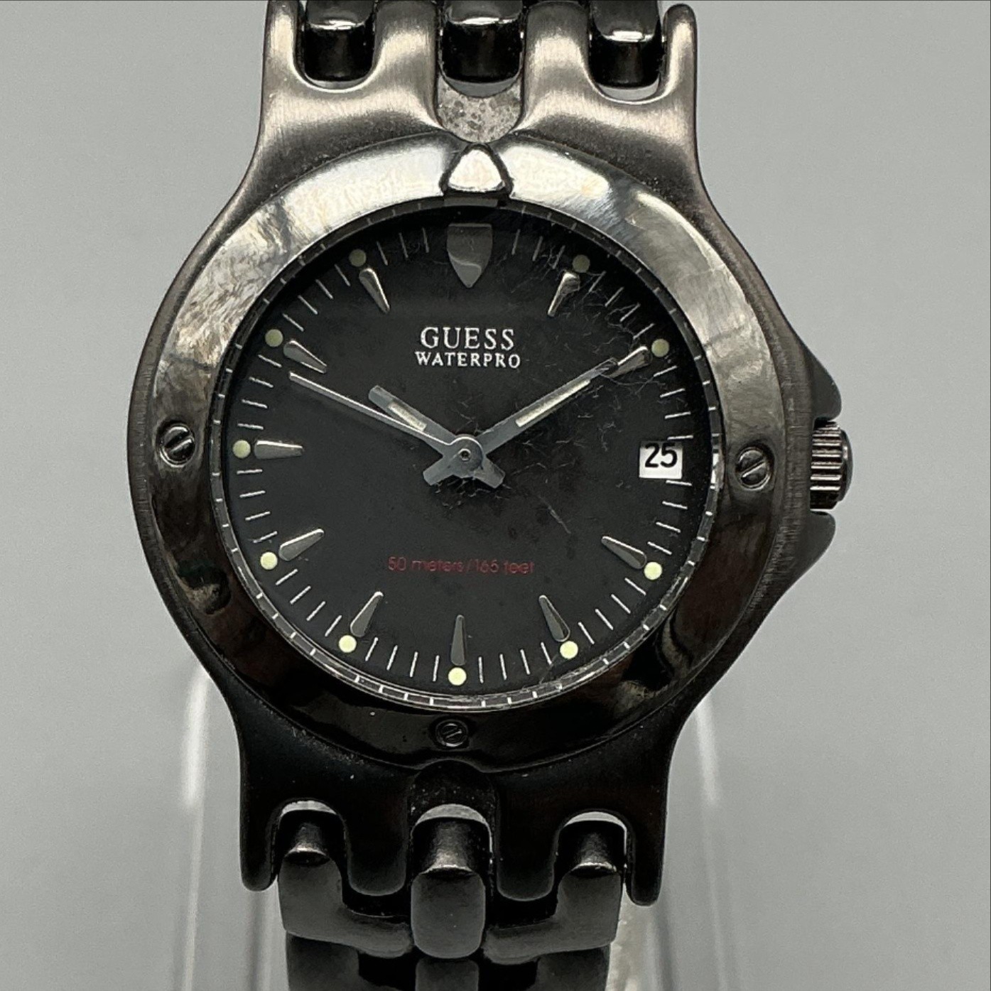 Guess Waterpro Womens Watch 25mm Black Dial Gray Bracelet Date New Battery 6″