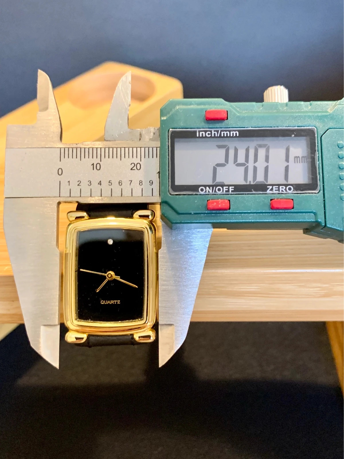 Tank Style Rectangular Ladies Watch Black Dial Gold Tone New Leather Strap