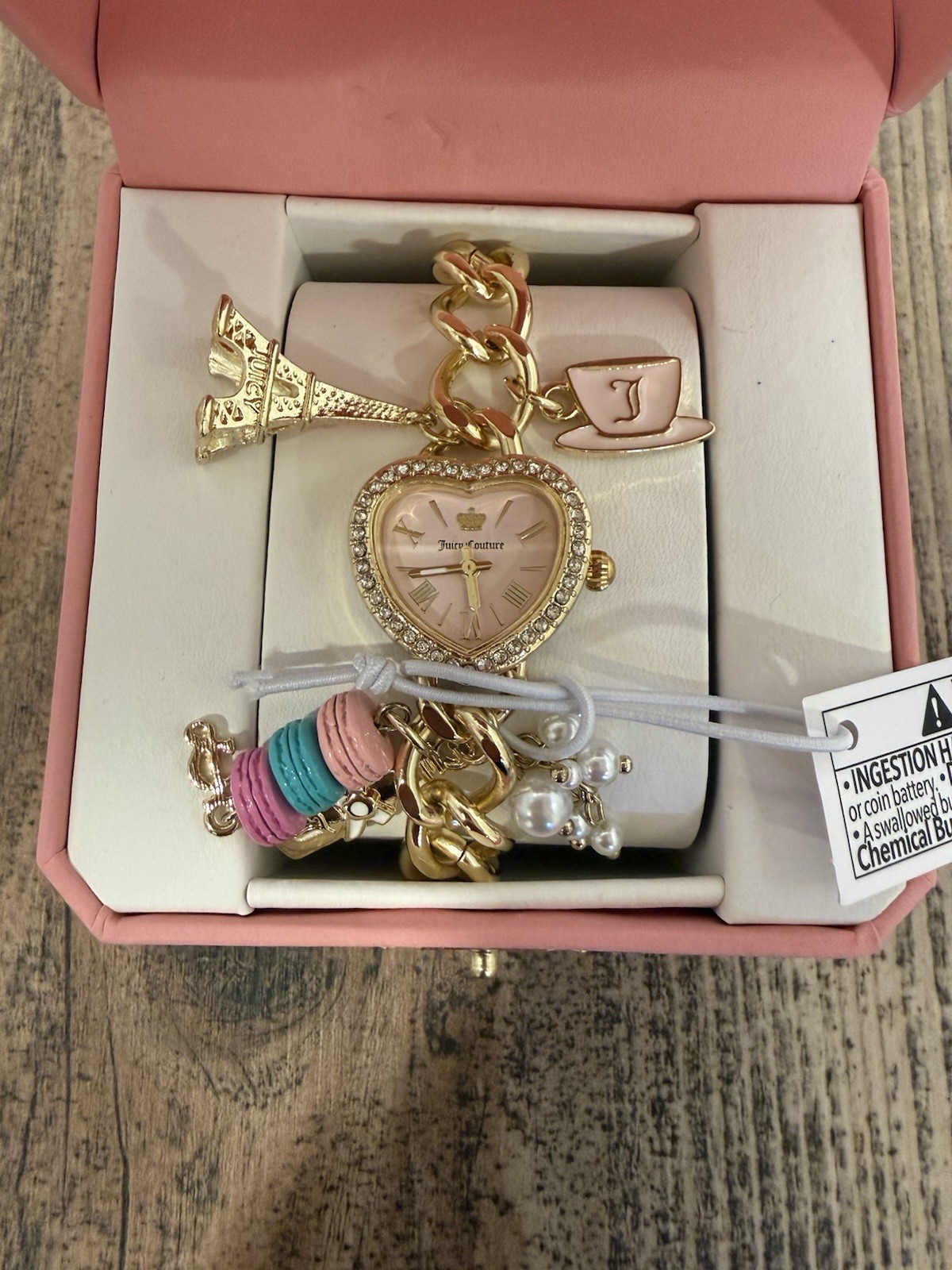 Juicy Couture Women’s Heart Quartz Watch Pink Dial Gold Steel Bracelet w/ Box