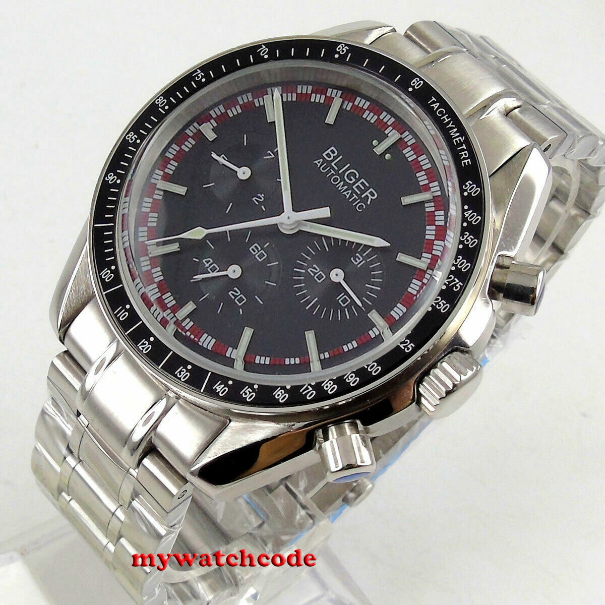 40mm Bliger blue white black dial week day multifunction automatic mens watch