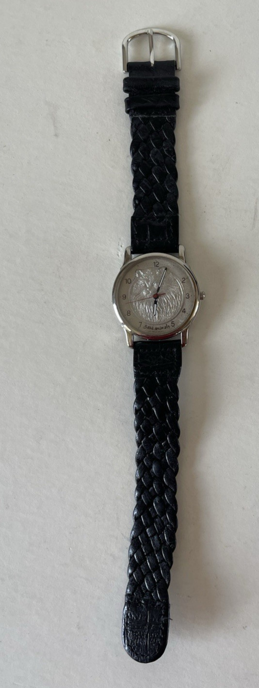Dejuno Save Animals Silver Cat 1993 Wrist Watch Braided Black Strap Japan MOVT