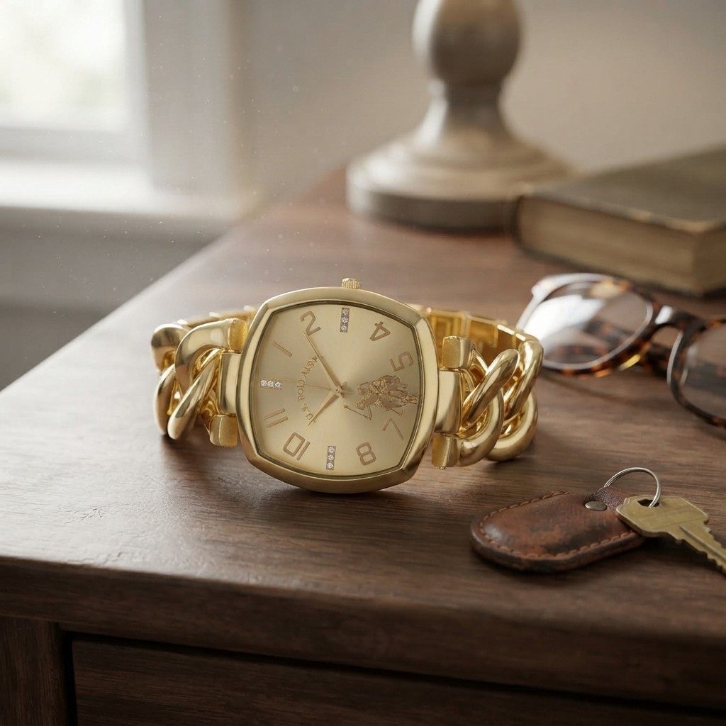 Elegant Gold-Tone Chain Bracelet Watch by U.S. Polo Assn. – 38mm Square Dial