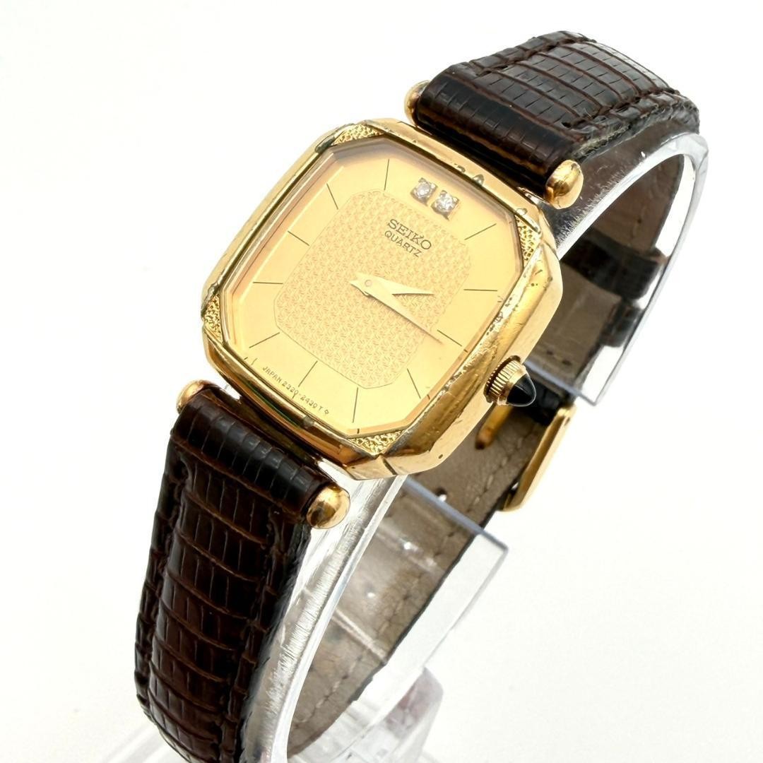 Vintage Seiko Octagon Watch, Gold, Diamonds, New Battery, Genuine Leather Strap,