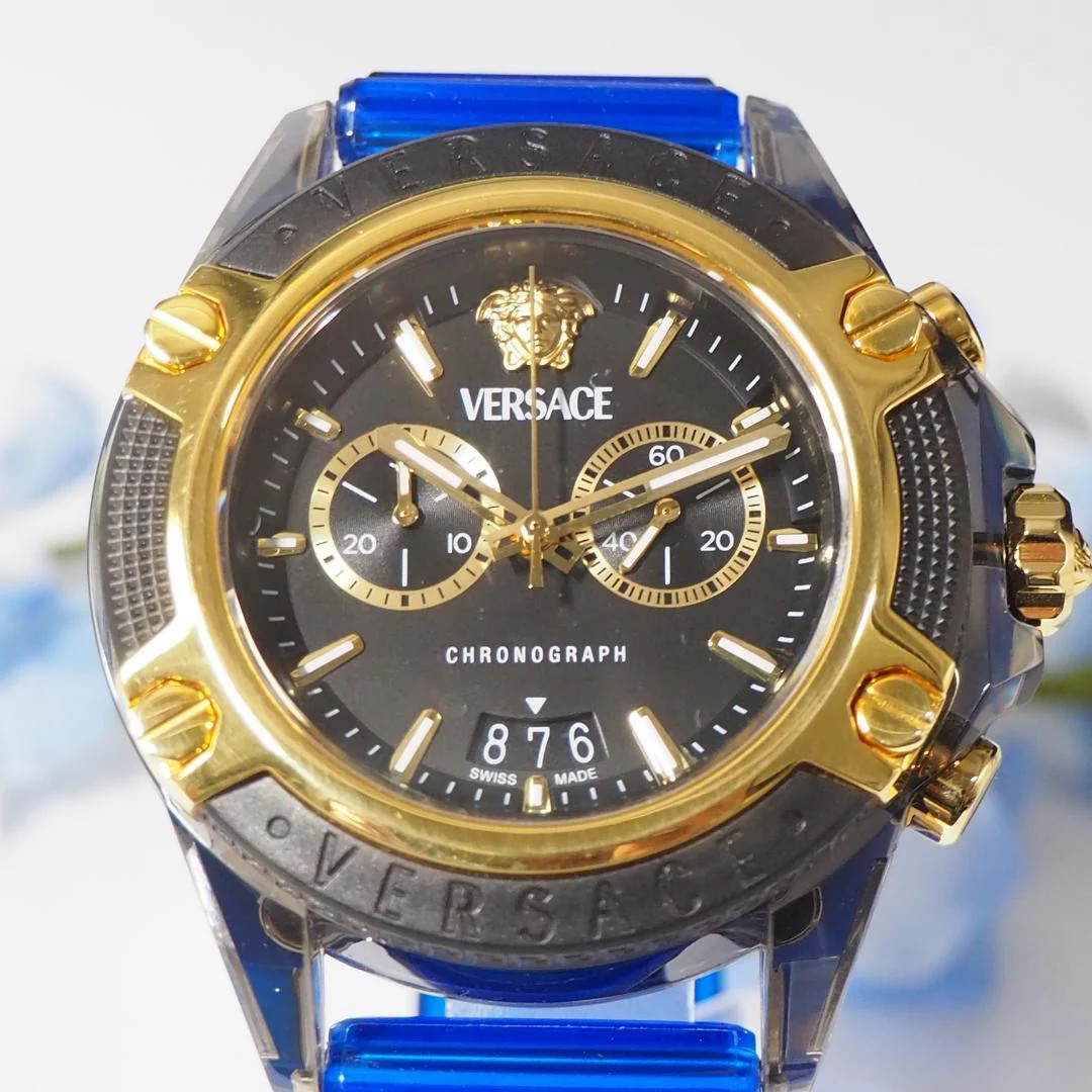 Versace Medusa Chronograph Quartz Black Case SS 46x55mm Black Dial Blue Strap