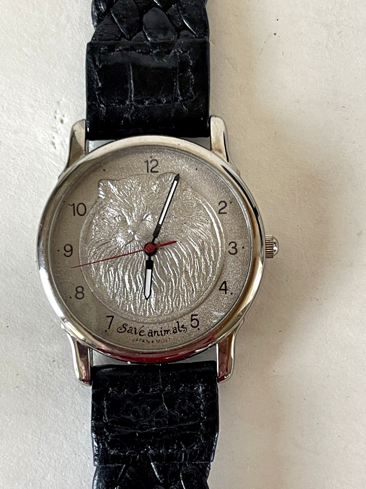 Dejuno Save Animals Silver Cat 1993 Wrist Watch Braided Black Strap Japan MOVT