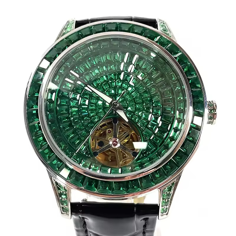 🔥USA🔥PINDU Men’s Automatic Watch Mineral Glass Green Black Leather P5037
