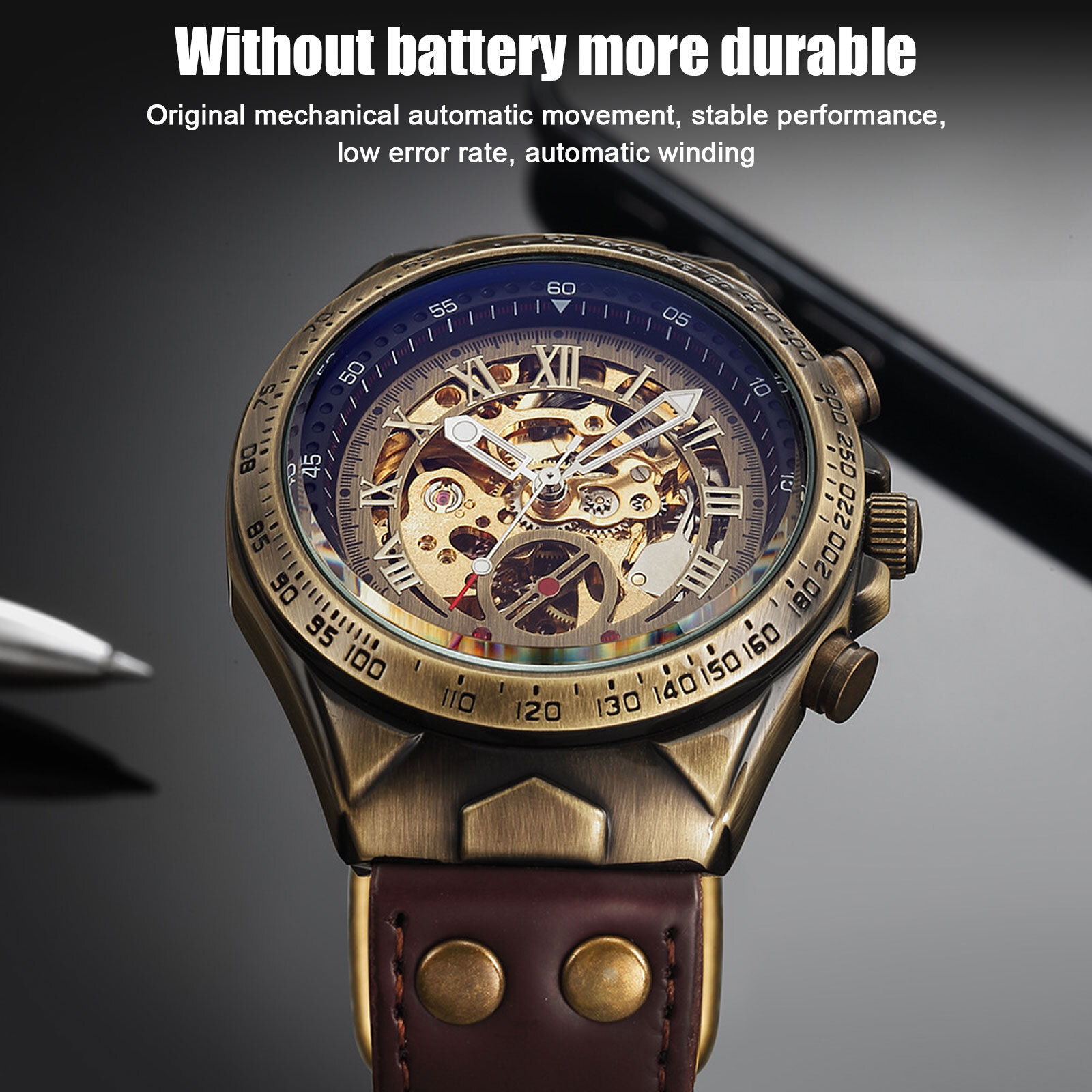 Luxury Men’s Automatic Mechanical Wrist Watch Leather Strap Retro Skeleton Dial