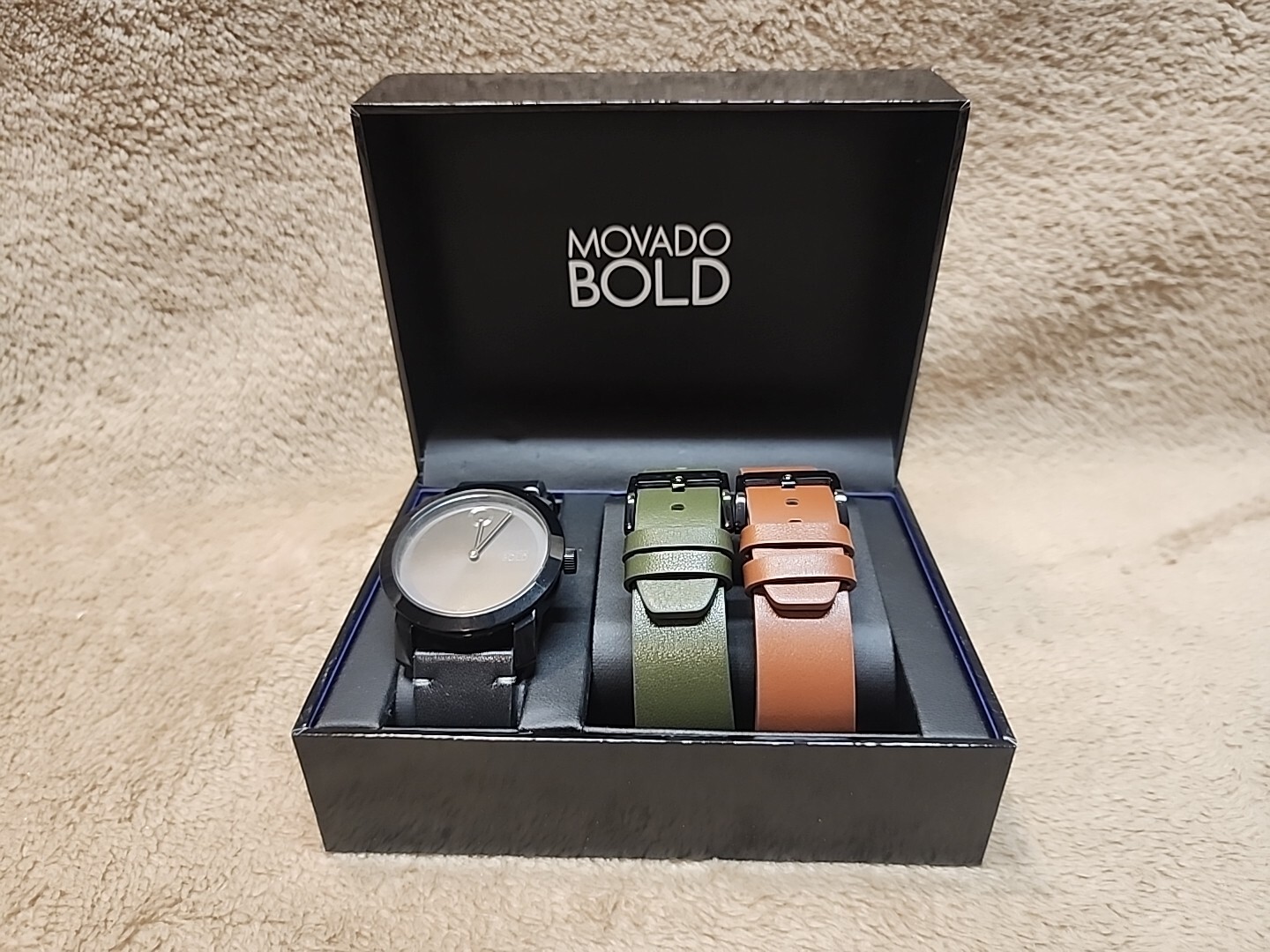 MOVADO BOLD Watch 42 Black Dial Black/Brown/Green Leather Bands