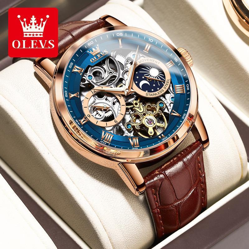 OLEVS Skeleton Self-Wind Automatic Mechanical Mens Watch Leather Band Moon Phase