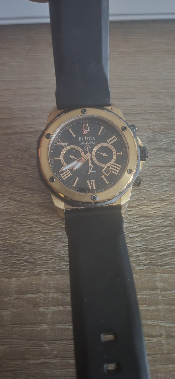 Bulova Marine Star-98B104-Men Black Rubber Strap Quartz Watch Rose Gold Dial44mm