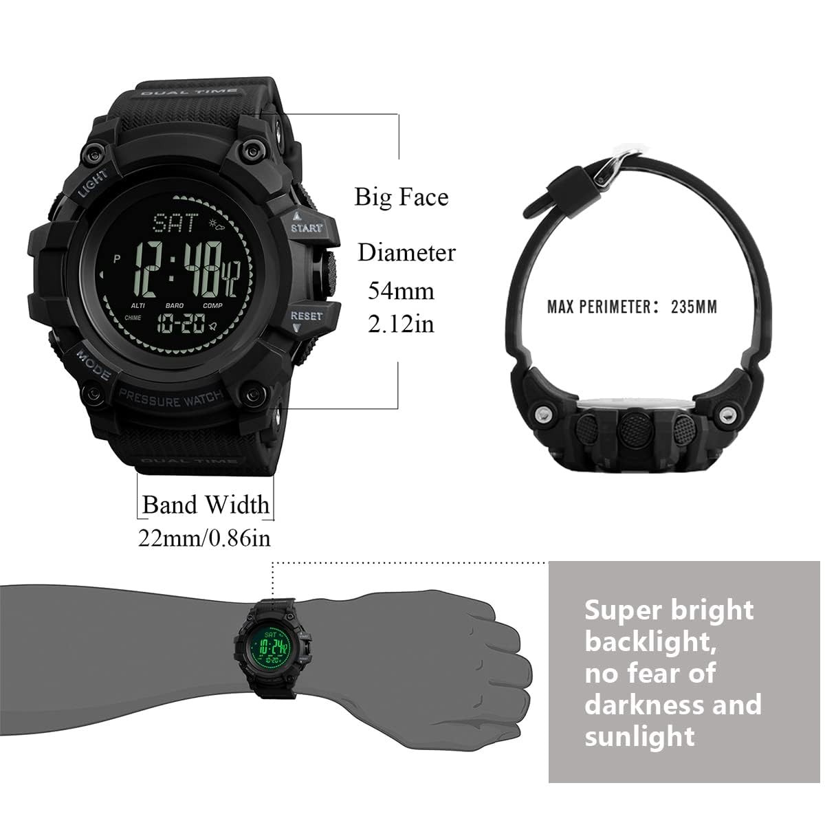 Compass, Altimeter Barometer Thermometer Temperature, Pedometer, Military Arm…
