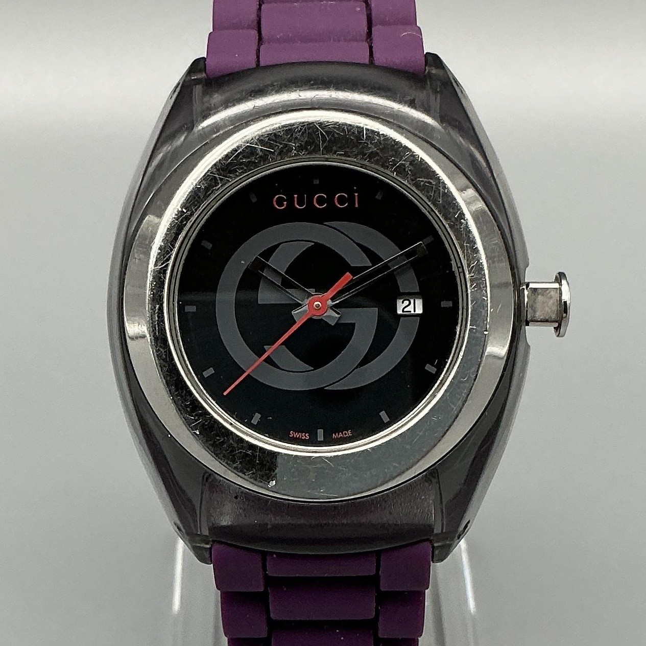 Gucci Sync Womens Watch 34mm Black Dial Purple Band 137.3 Date Swiss New Battery