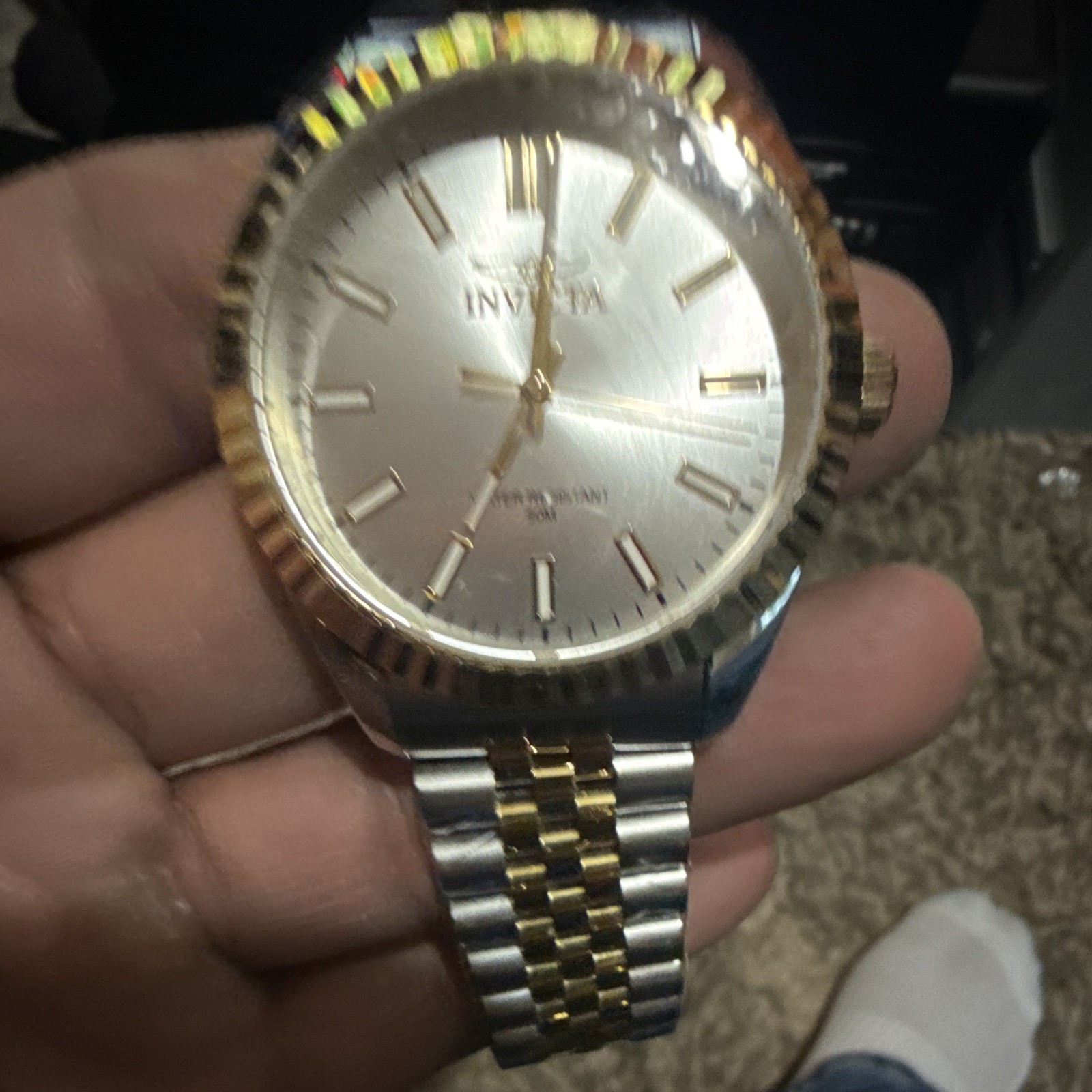 Invicta Men’s Silver Dial Two-Tone Bracelet Fluted Bezel Quartz 50m 40-43.9mm