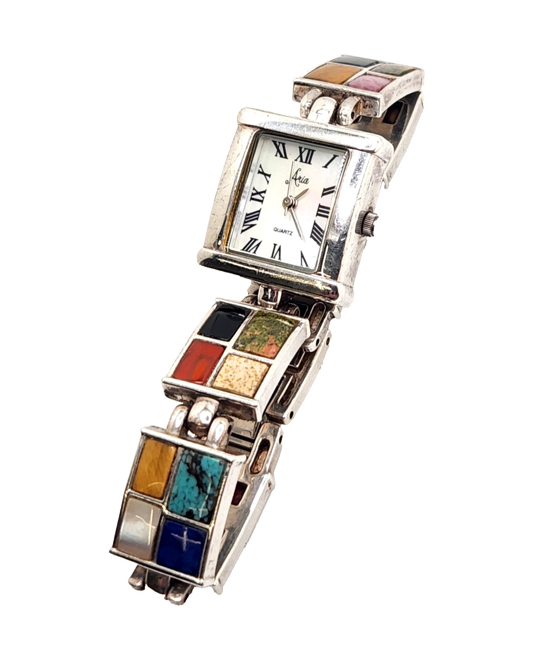 Aria Signed Sterling Silver Multi-Stone Women’s MOP Watch Bracelet Needs Battery