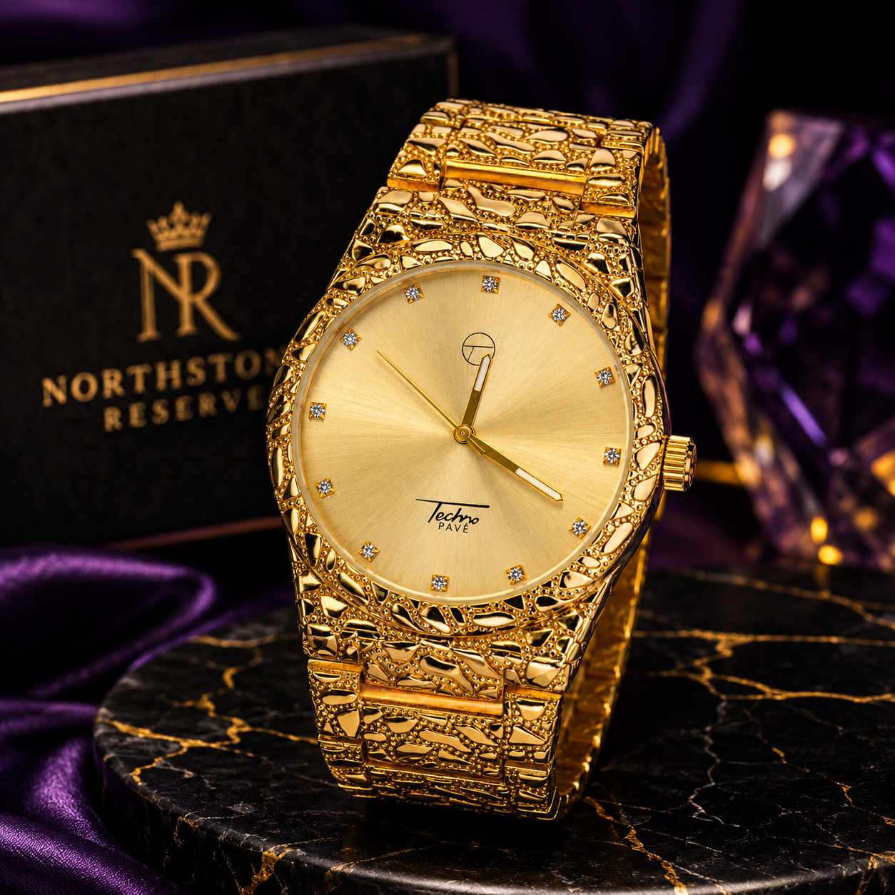 Mens Gold Techno Pave Nugget Watch Iced CZ Hip Hop Metal Band Quartz 43mm