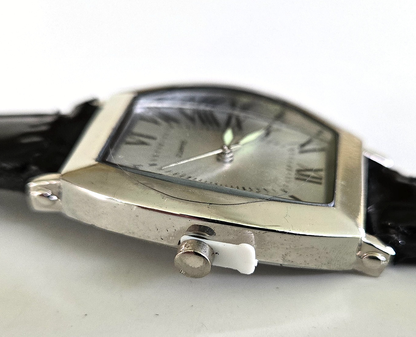 2000s SKC Silver Tone Tonneau Case Quartz Wrist Watch Black Leather New Battery