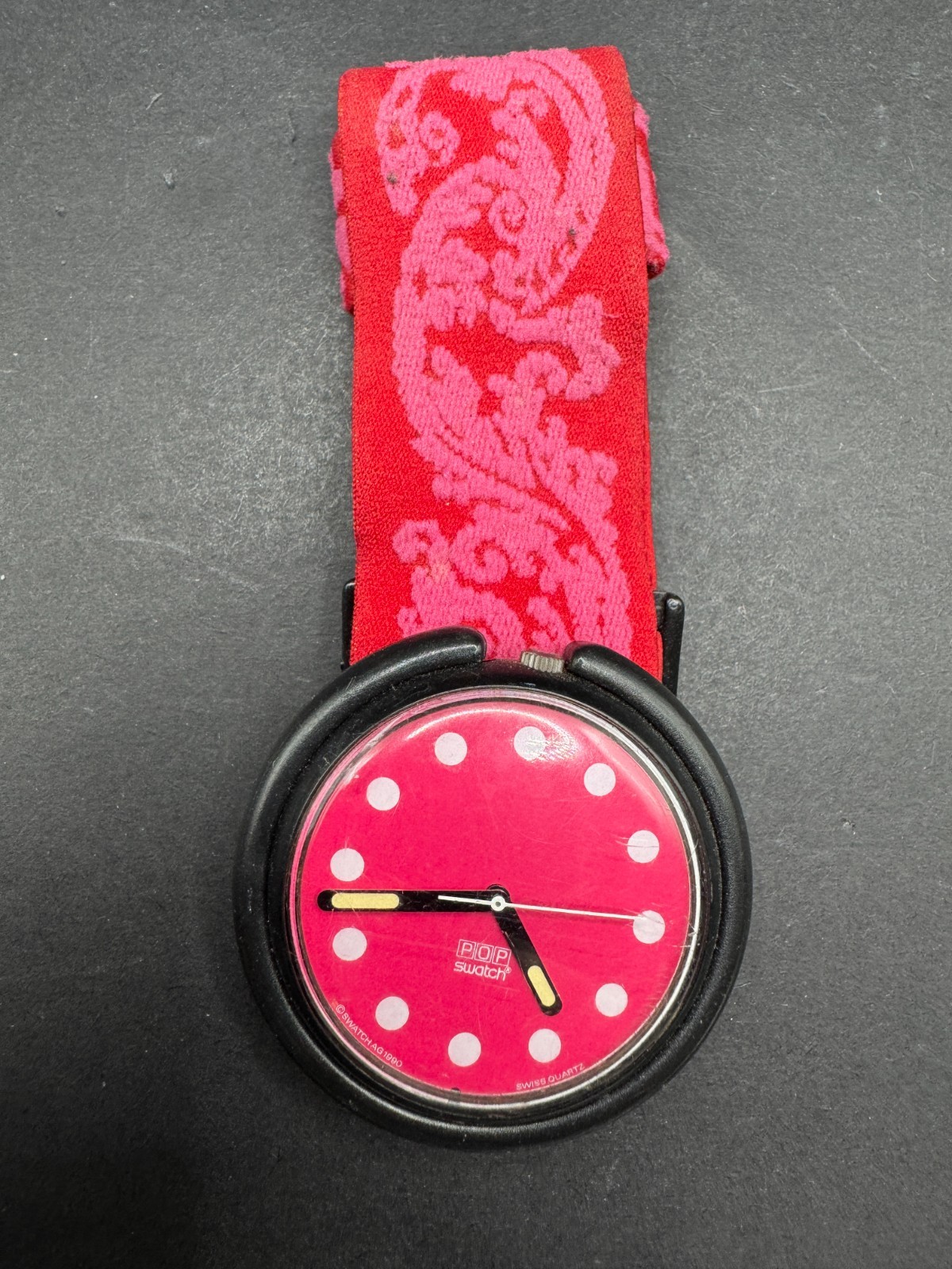 1990 Swatch Pop Shangri Watch Red Pink Velvet Polka Dots One Piece Strap