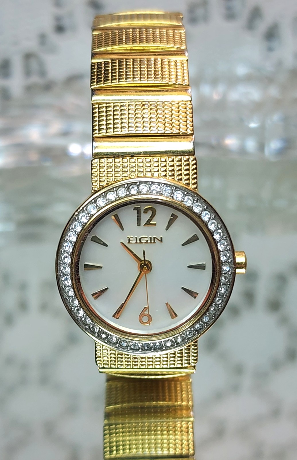 Ladies Elgin Watch W/Diamonds Pearl Face Gold Tone 100ft WR-New Battery Working