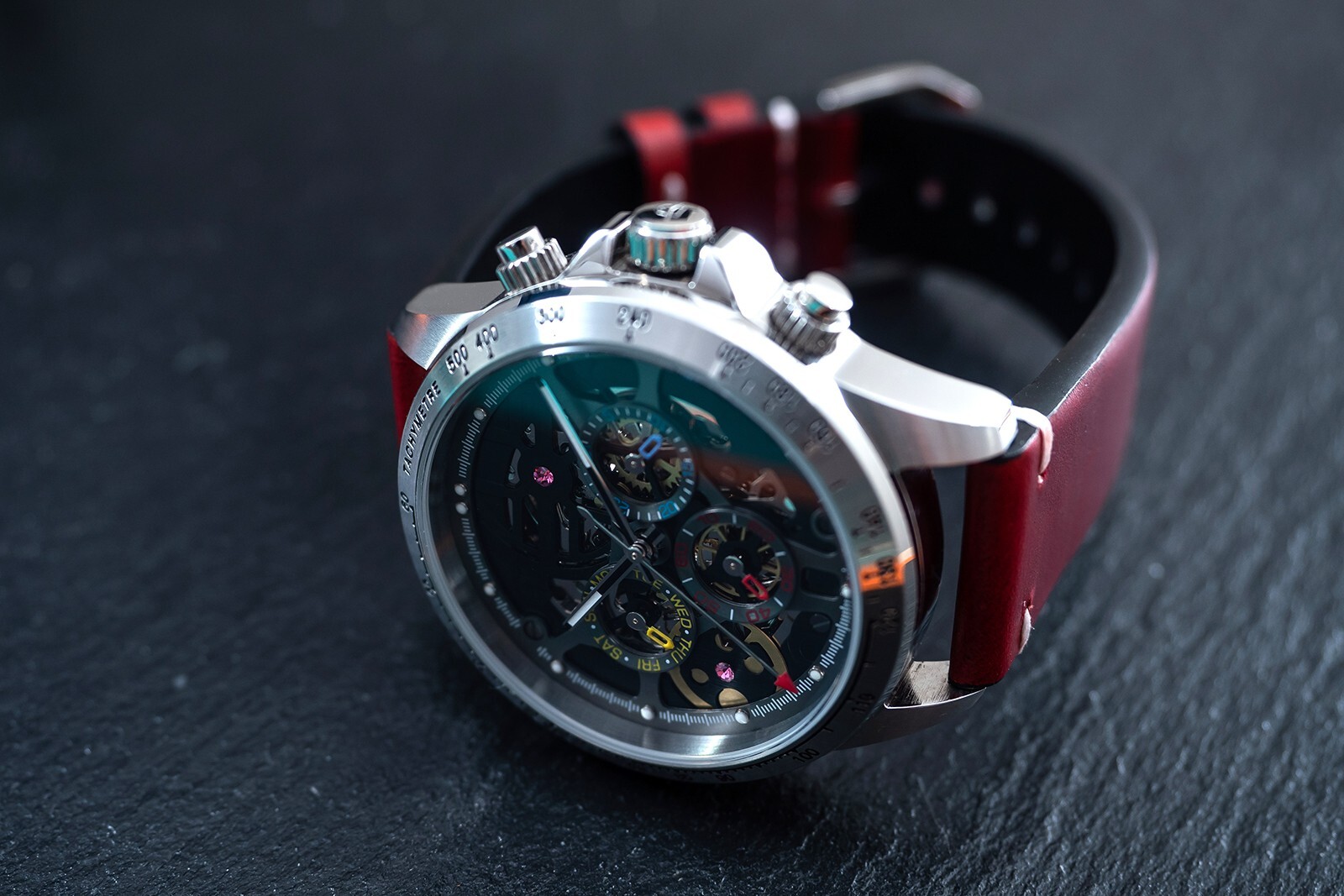 Mens Automatic Mechanical Watch Calendar Silver Dark Red Oil Waxed Leather Gift