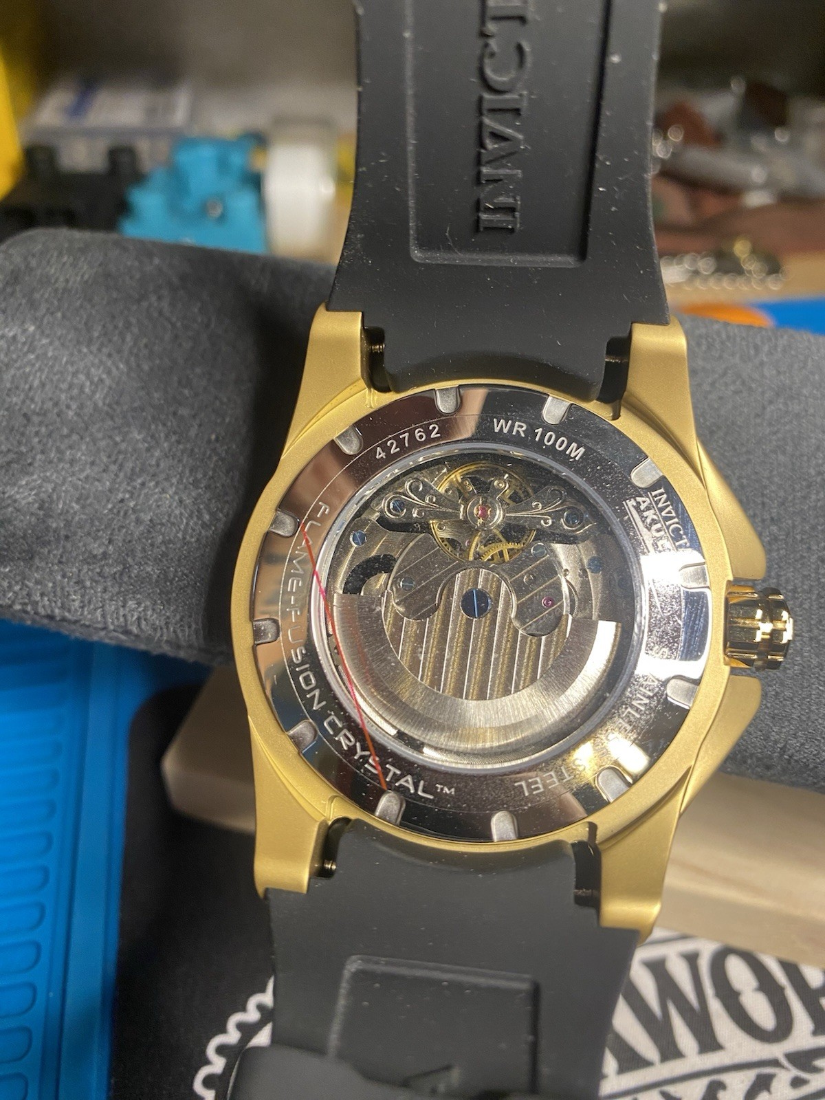 Invicta Bolt Men’s Automatic Skeleton Dial Gold Tone Black Strap 100m Watch