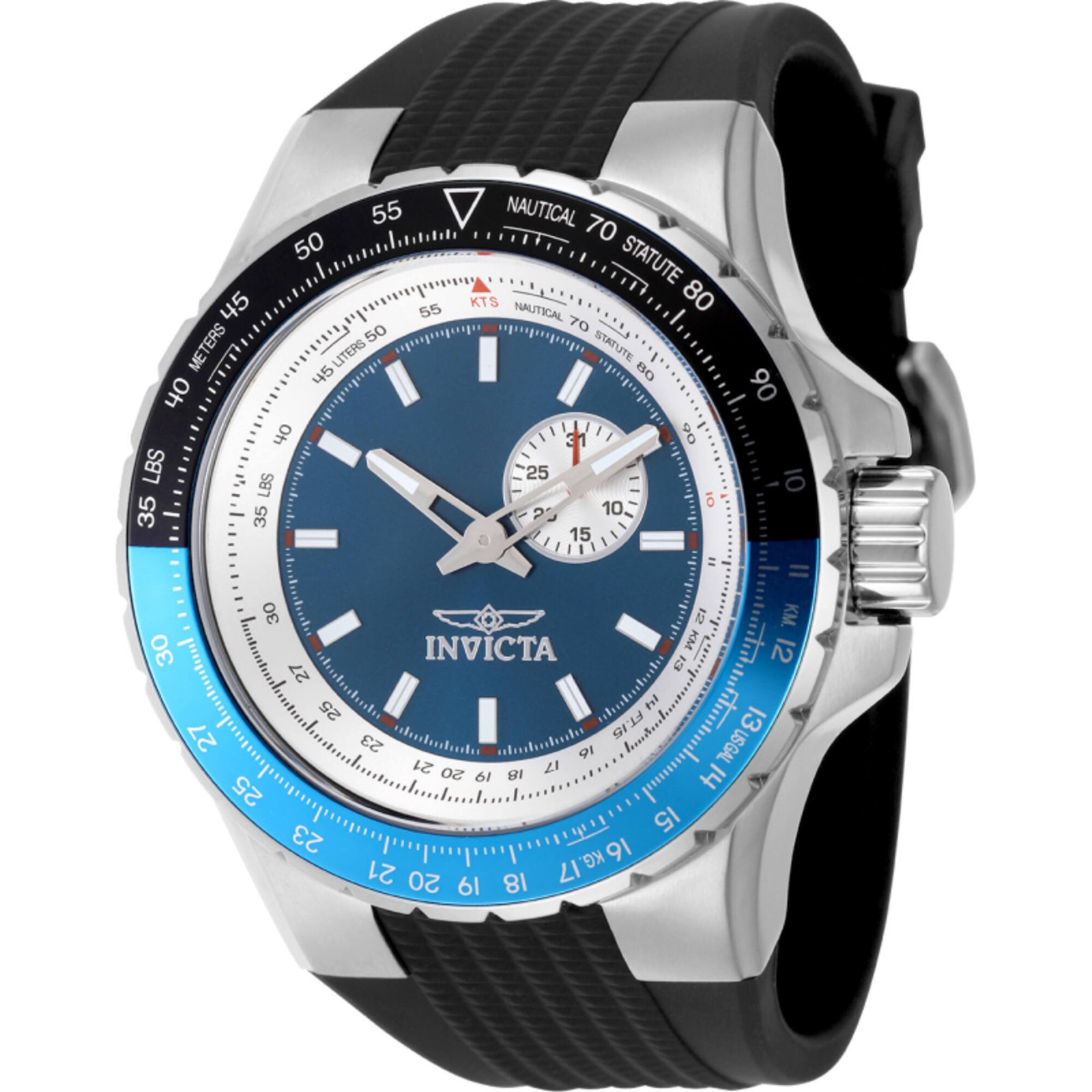 Invicta Men’s Watch Aviator Quartz Blue Dial Black Silicone Rubber Strap 49717