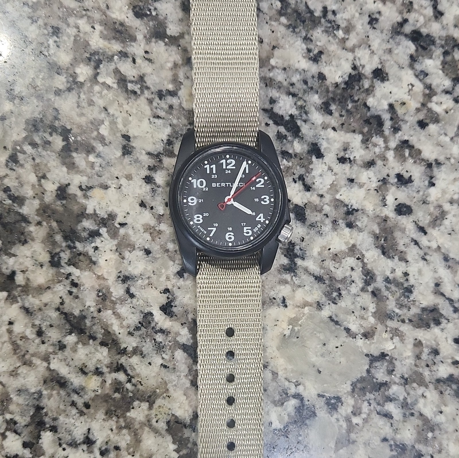 Bertucci A-1 Titanium Black Dial Quartz 50m 24-Hour Beige Nylon NATO Watch