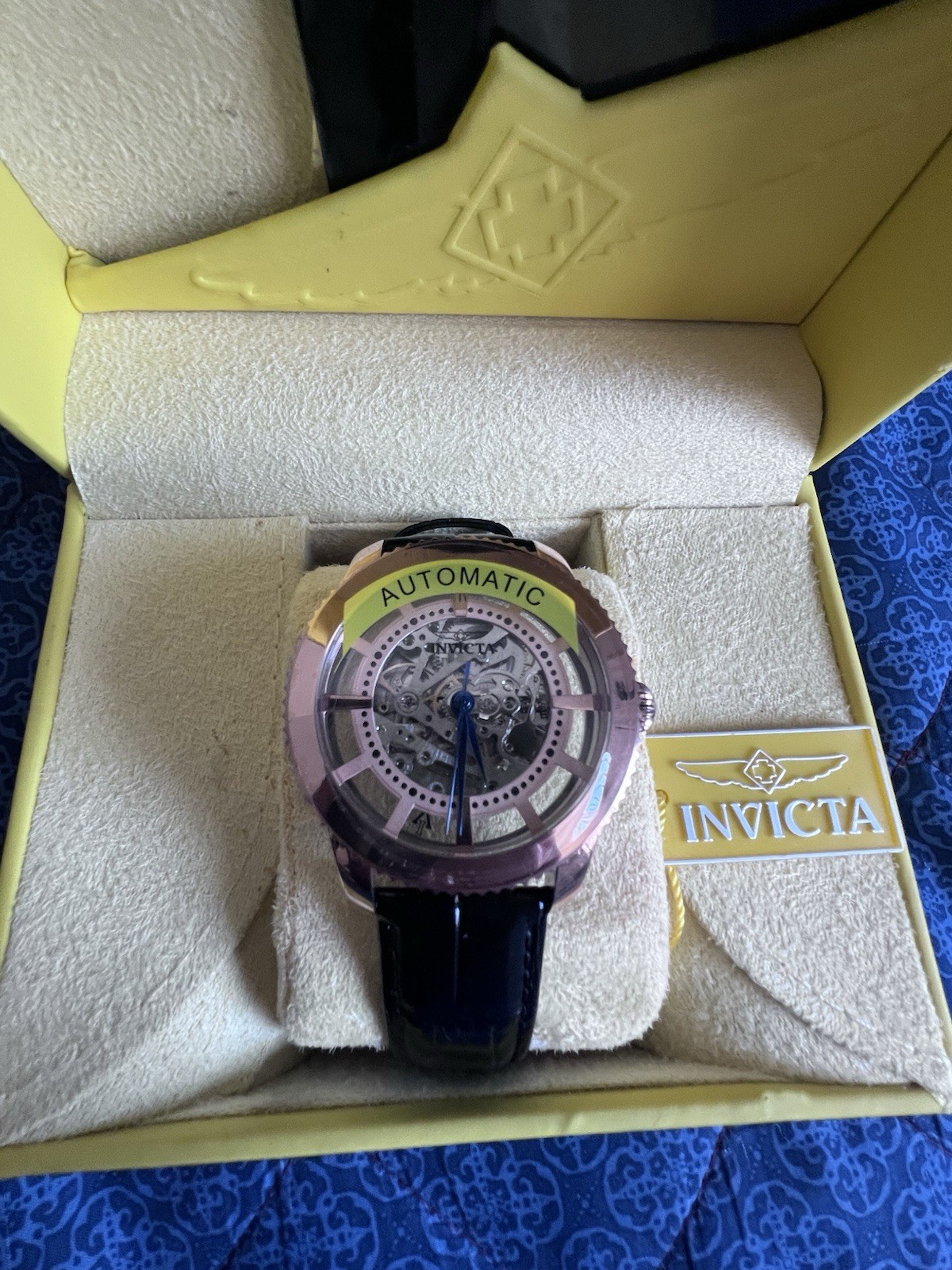 Invicta Men’s Automatic Skeleton Dial Watch Silver Case Black Leather Strap Box