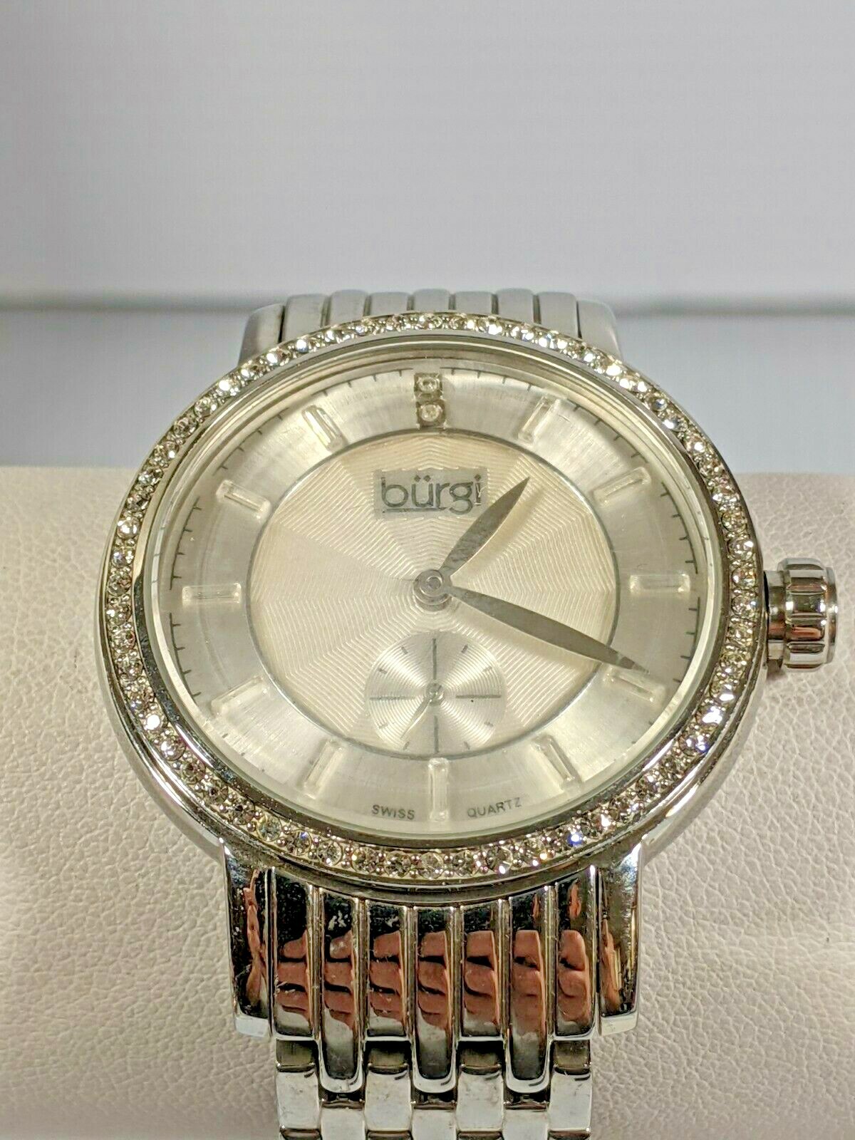 Burgi Silver Tone Crystal Diamond Dial Swiss Quartz Watch 8 Inch 5 ATM