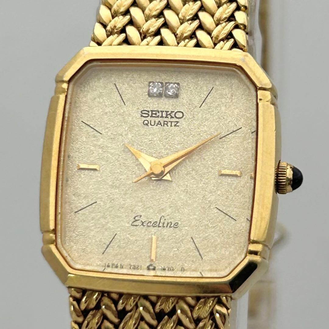 SEIKO Exceline 7321-5910 Women Quartz Gold Dial 2 Diamond Octagon Watch Japan