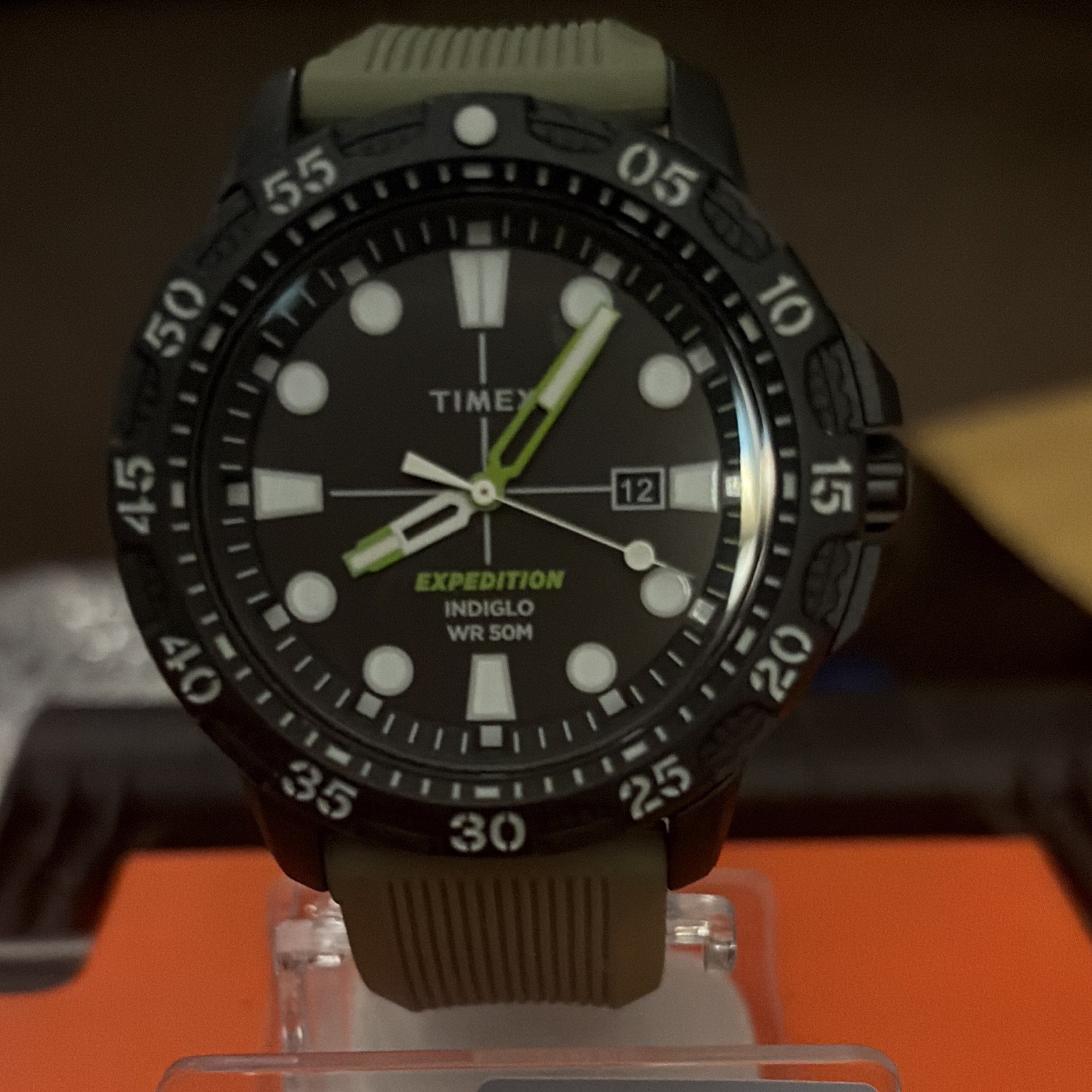 Gallatin Timex Expedition Quartz INDIGLO Date Black Dial WR 50m Green Resin Stra