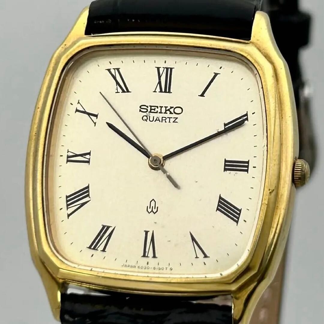 SEIKO 6030-5190 Vintage Mens Quartz Roman Dial Square Gold Watch 1982 Japan