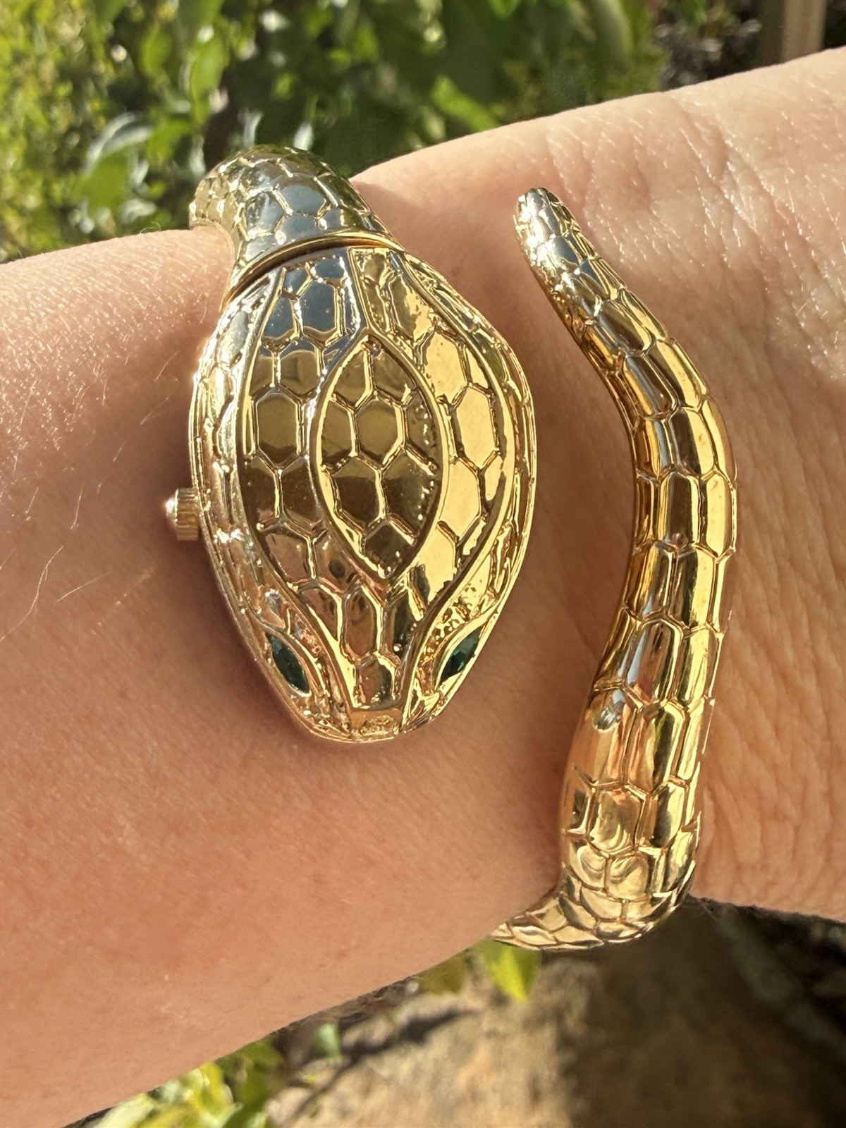 Fabulous Snake Quartz Watch Hinged Bangle Bracelet Goldtone Emerald Eyes Runs!