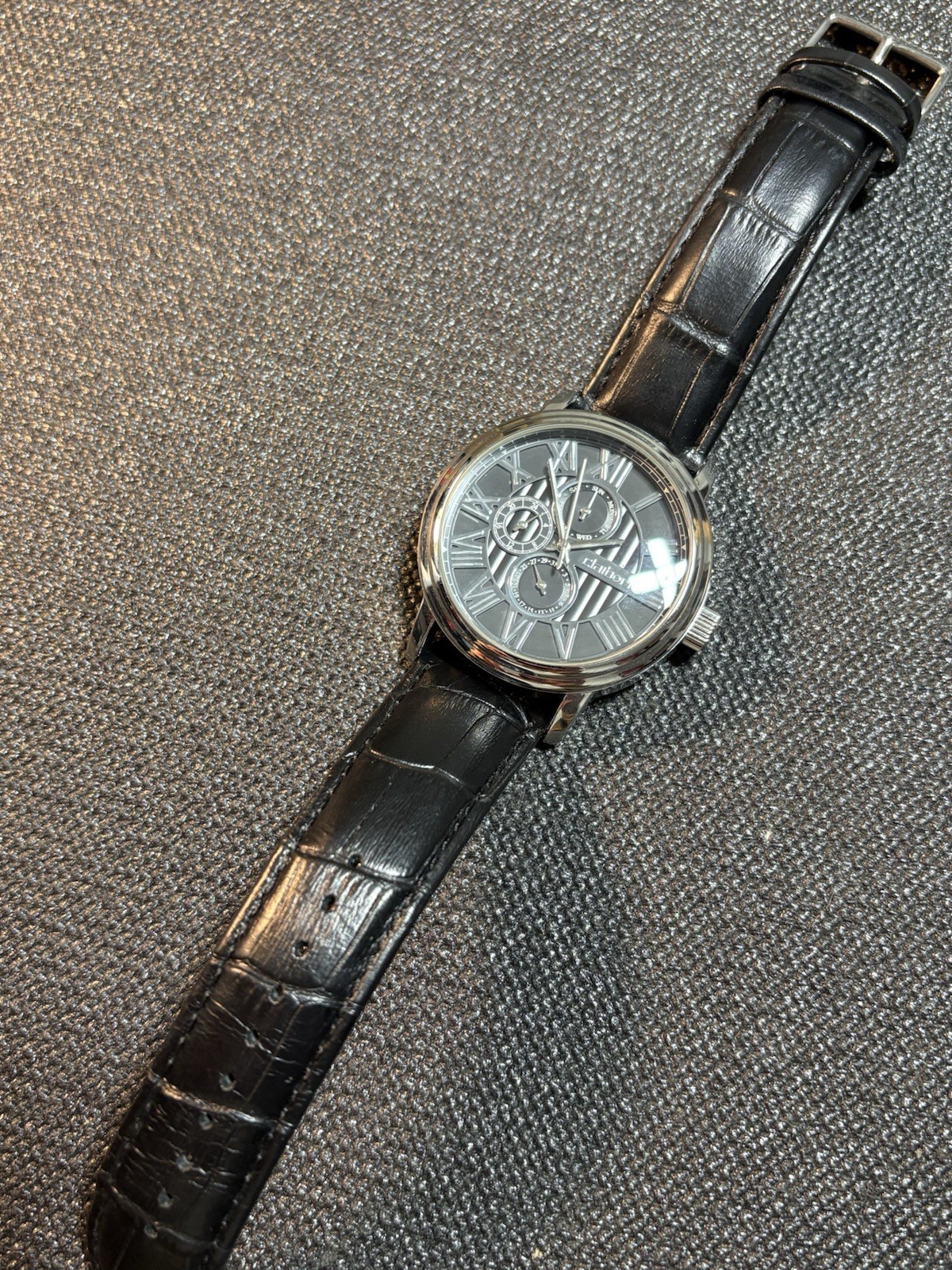 Claiborne Multifunctional Dial Men 44mm Watch Silver Tone/Black Leather,New Bat