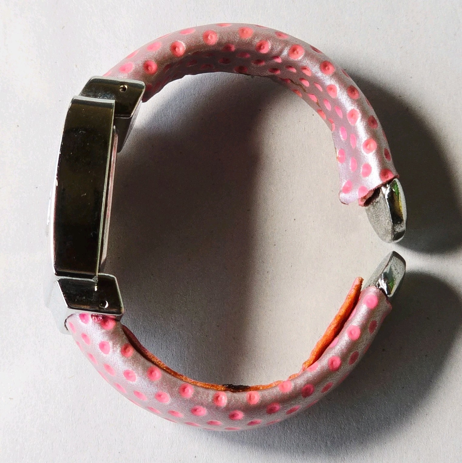 Geneva Bangle Watch Pink Polka Dot Quartz G Shape Bezel Vintage 2000s Retro