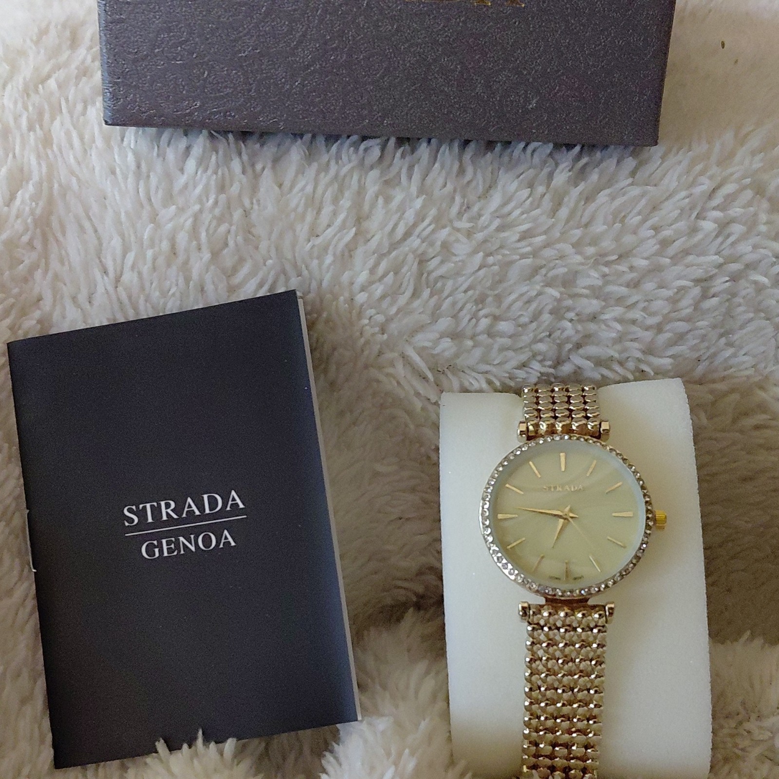 STRADA Genoa Gold Analog Quartz Wristwatch Crystal Bezel Mesh Band Stick Indexes