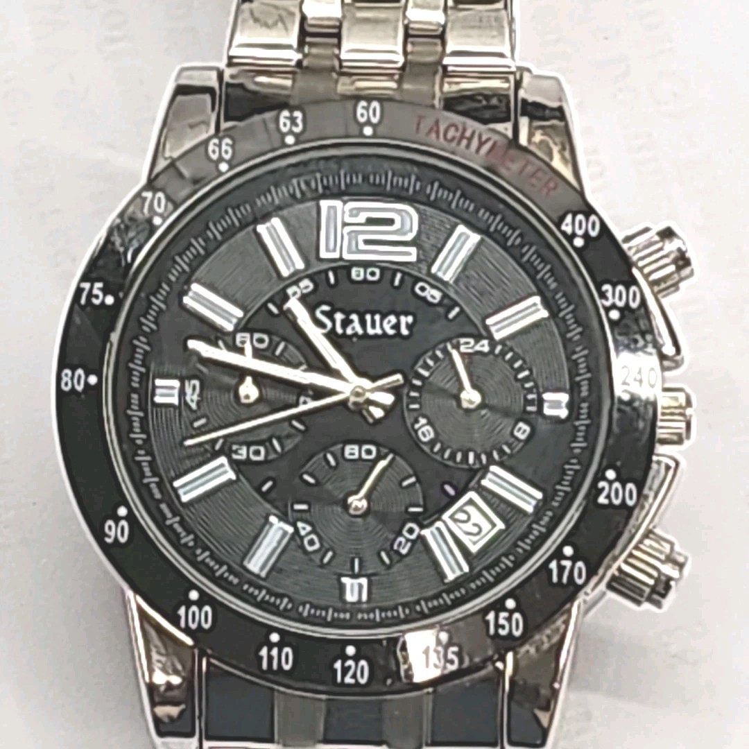 Stauer Jet-Setter Chronograph Black Dial Tachymeter Mens Wristwatch 3atm New Bat
