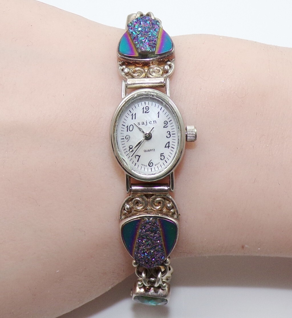 Sajen Sterling Silver Ladies Drusy Multi Color Gemstone Wristwatch Watch FZZ