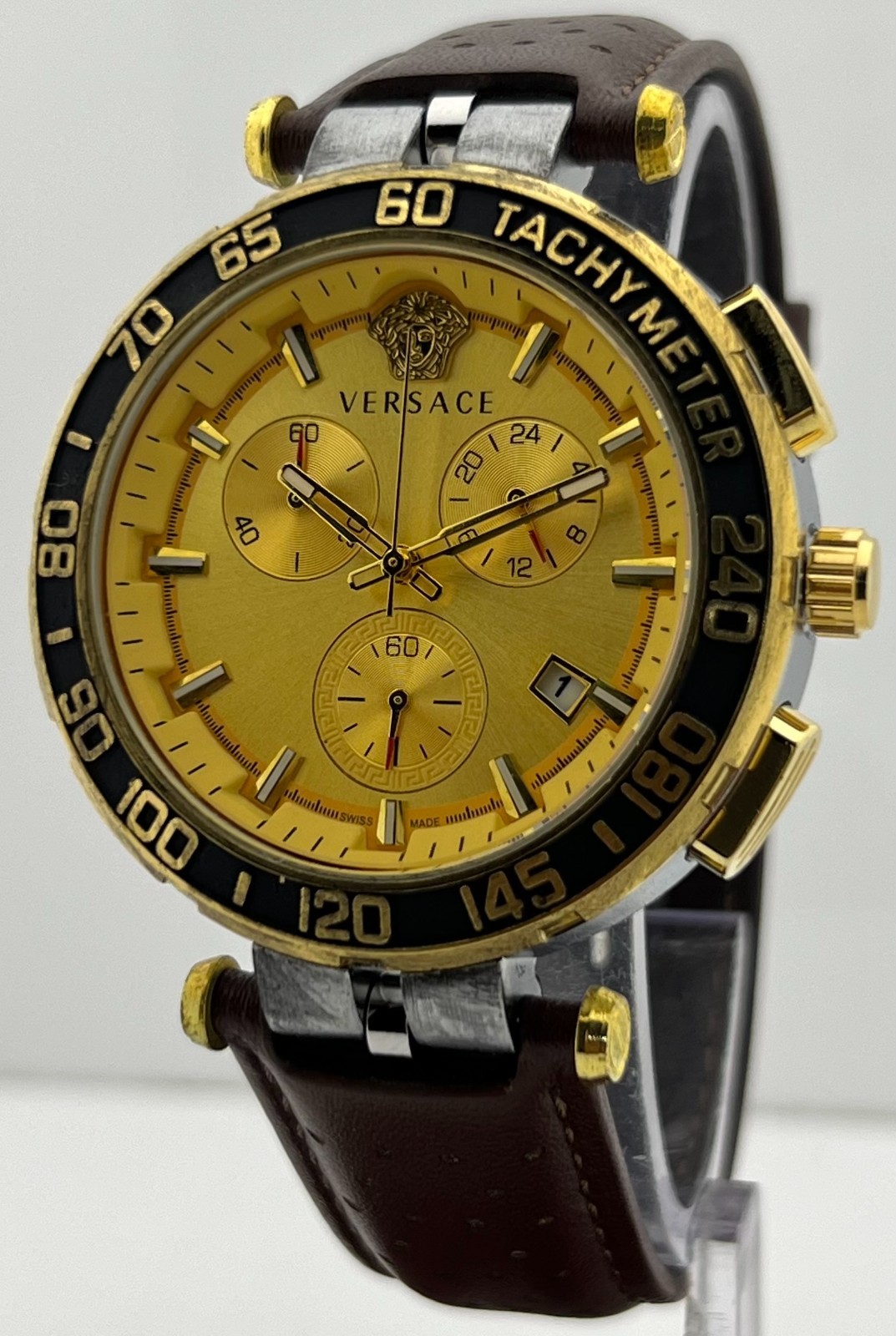 Precious Men’s Versace Greca Chronograph Golden Dial Date Working Wristwatch