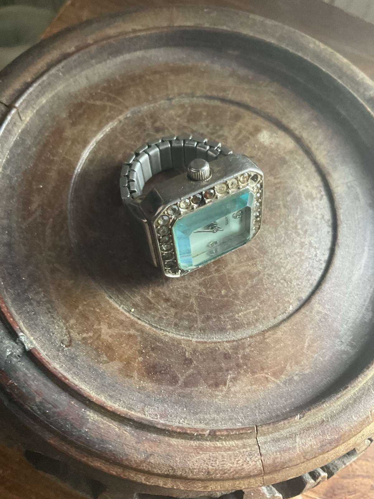 Antique Ring Watch Japan Movement Light Blue Beveled Face Stainless Steel Retro