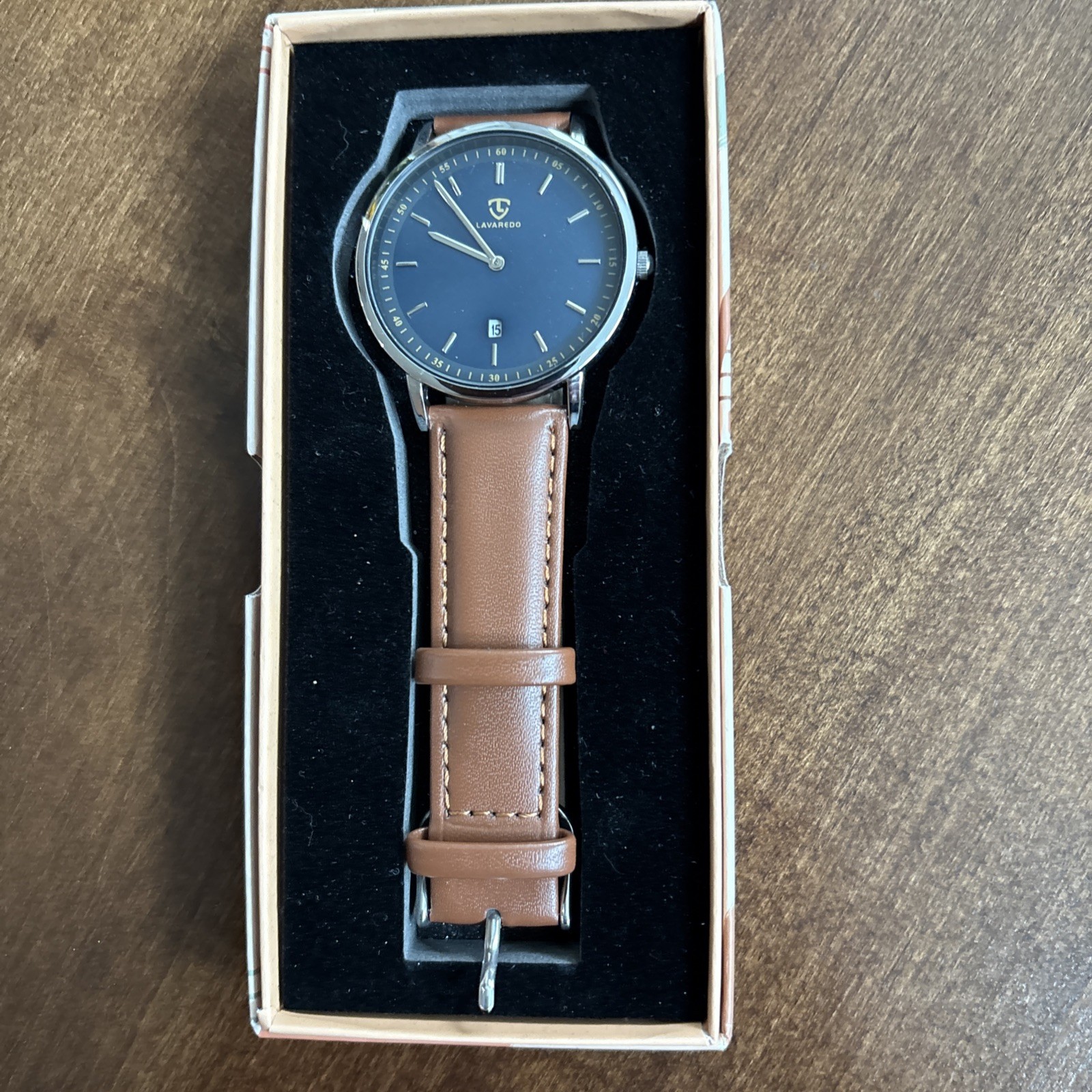 LAVAREDO Ultra Thin Quartz Wristwatch Blue Dial Brown Leather Band Date at 6:00