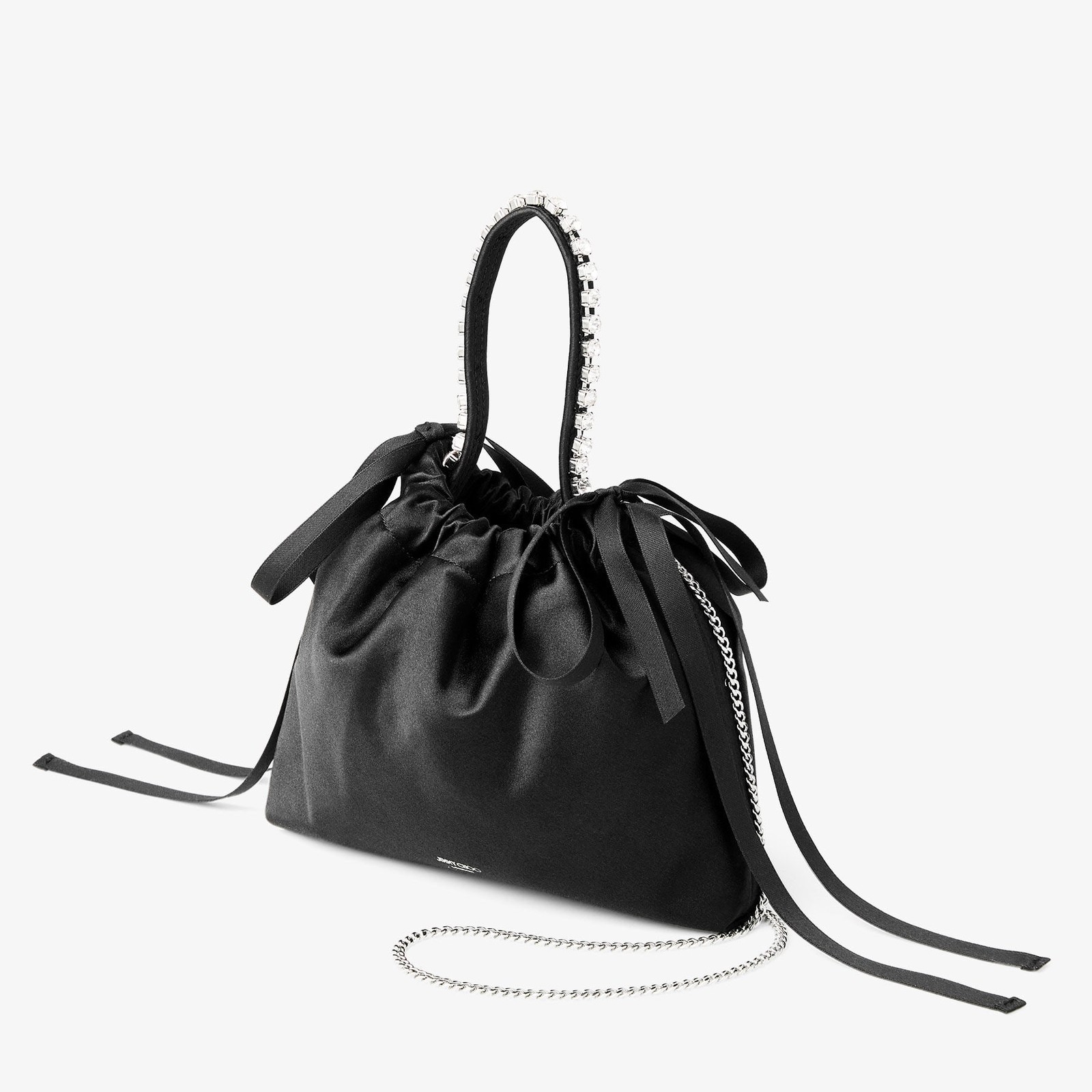 Jimmy Choo Drawstring Mini Top Handle Bow-Embellished Black Satin Shoulder Bag