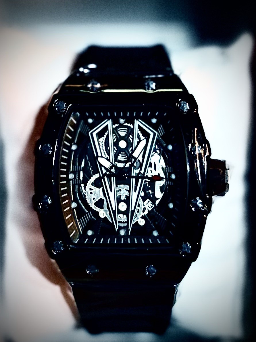 Tonneau Quartz Skeleton Dial Analog Watch Silver Case Black Rubber Strap Box